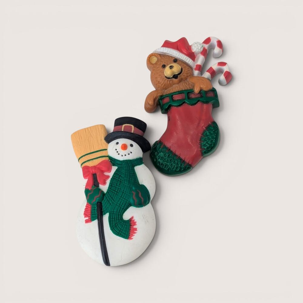 Pair of Vintage Hallmark Snowman And Teddy Bear In Stocking Brooches